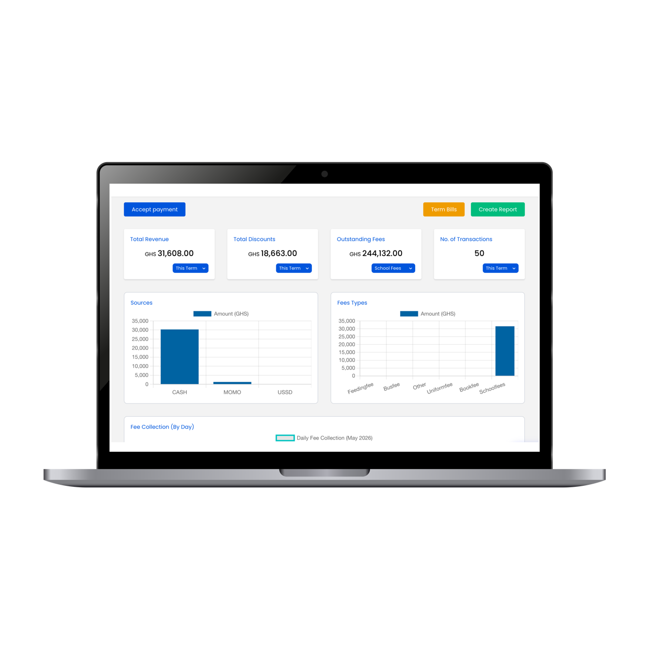 Edlege Pay Dashboard Mockup showing analytics and fee collections